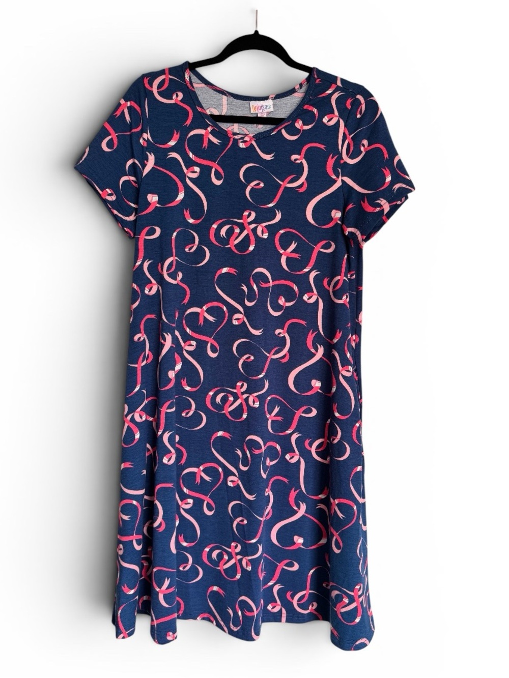 LuLaRoe Navy Dress with Pink Ribbon Print